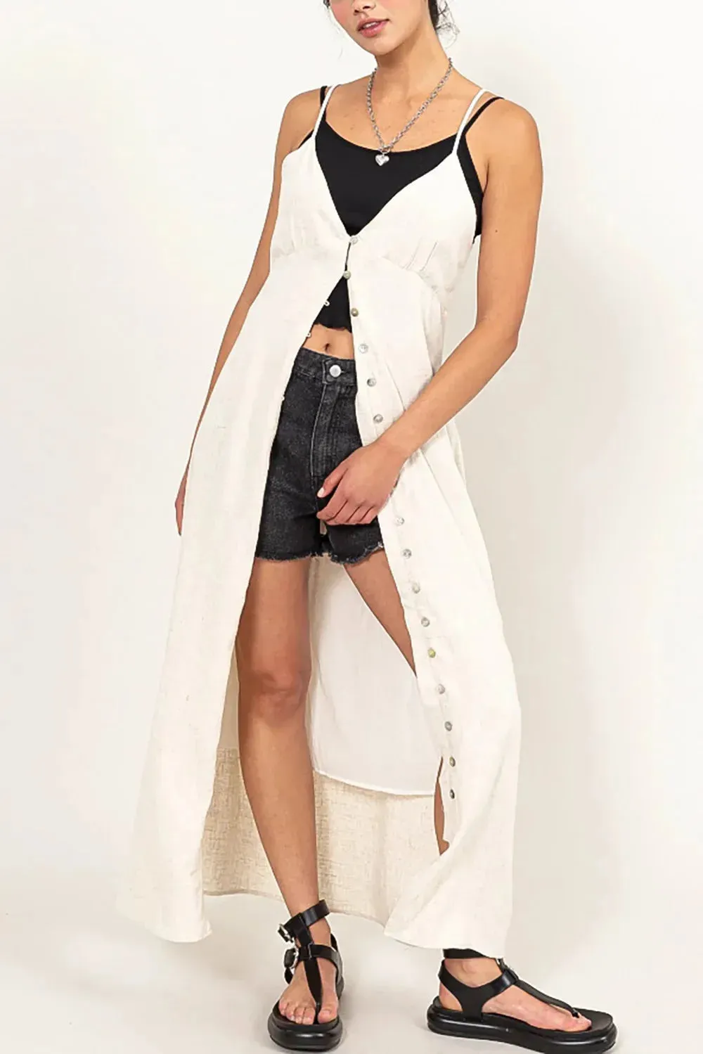 Linen Button Down Elastic Back Adjustable Straps Maxi Dress