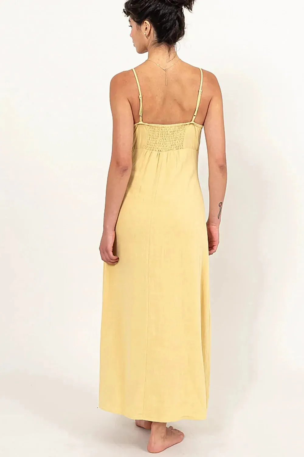 Linen Button Down Elastic Back Adjustable Straps Maxi Dress