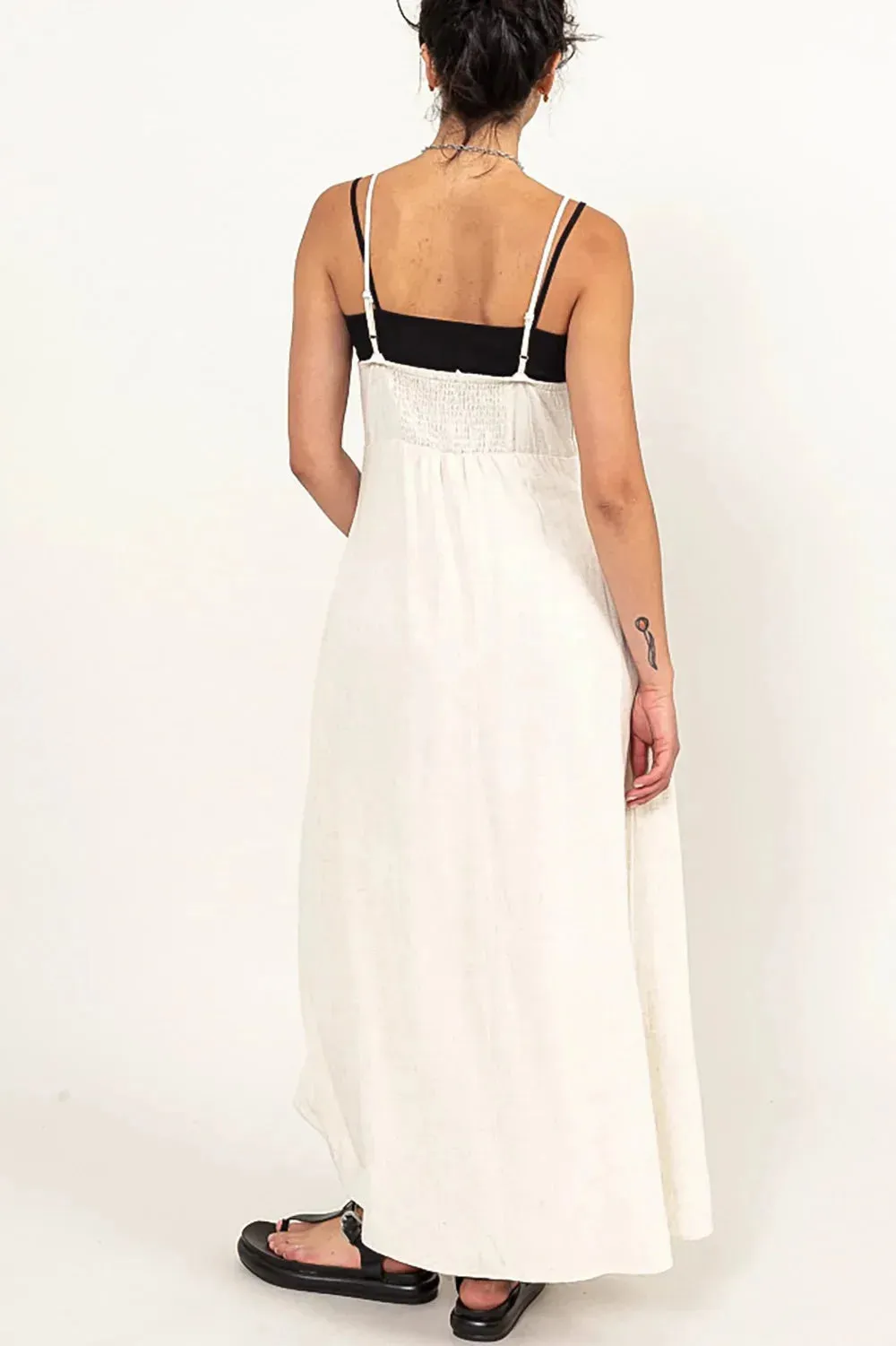 Linen Button Down Elastic Back Adjustable Straps Maxi Dress