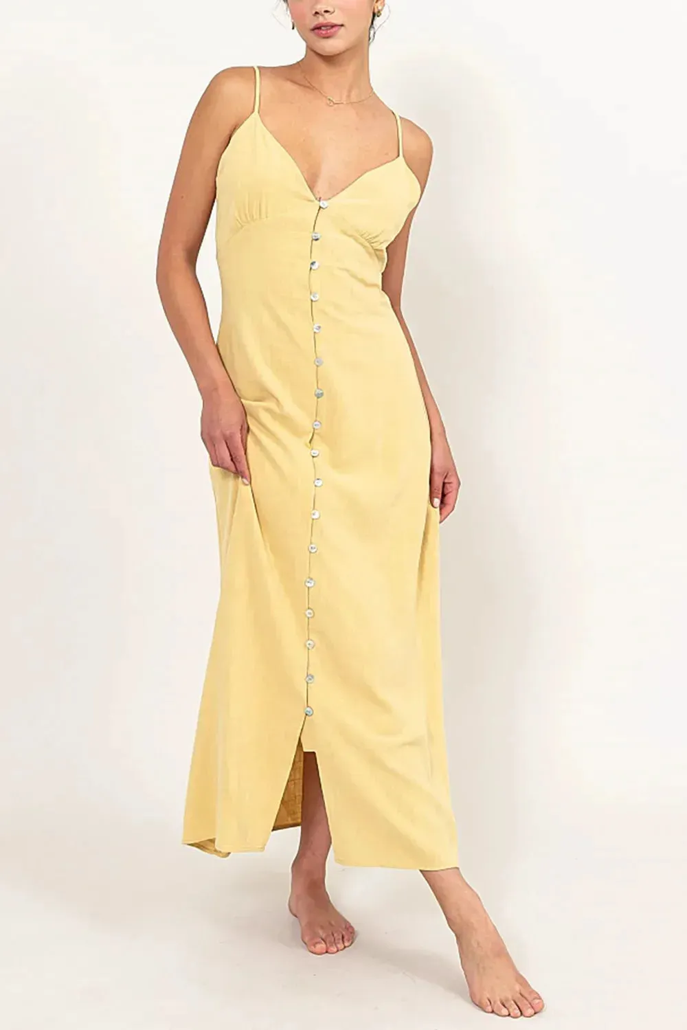 Linen Button Down Elastic Back Adjustable Straps Maxi Dress