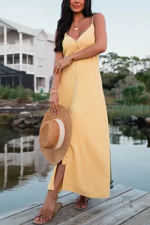 Linen Button Down Elastic Back Adjustable Straps Maxi Dress