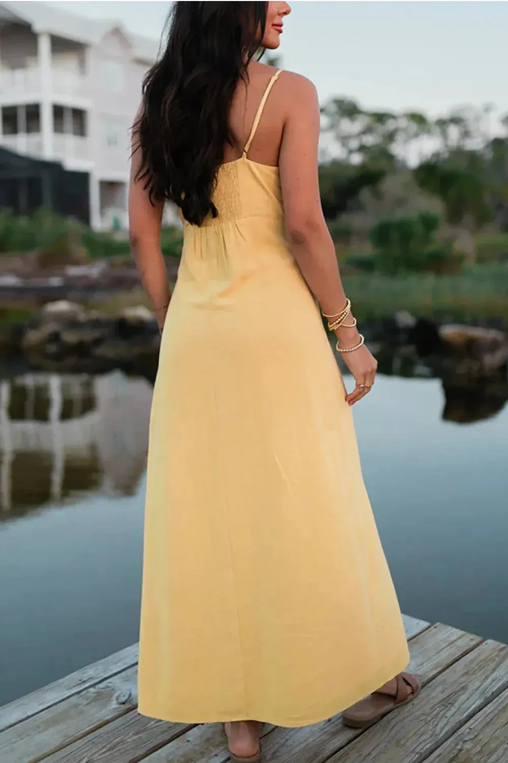Linen Button Down Elastic Back Adjustable Straps Maxi Dress
