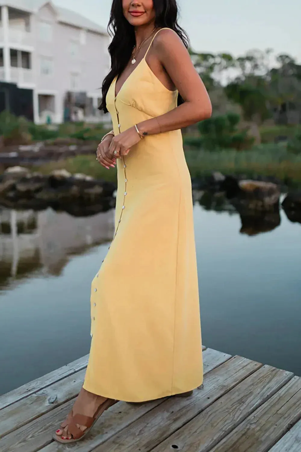 Linen Button Down Elastic Back Adjustable Straps Maxi Dress