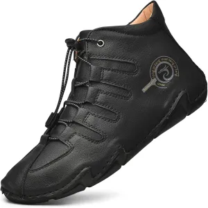 Lossarye Men's Italian Handmade Leather High Boots Casual Lightweight Waterproof Hiking Shoes Slip-On Chukka Boots Non-Slip Outdoor Sneakers