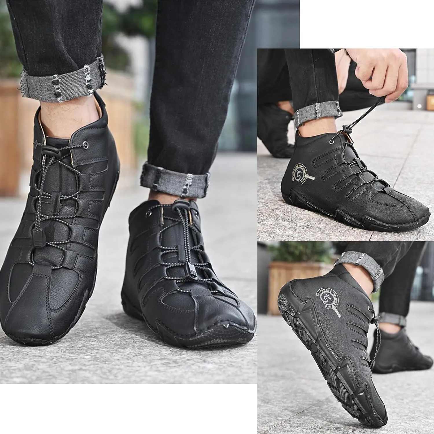 Lossarye Men's Italian Handmade Leather High Boots Casual Lightweight Waterproof Hiking Shoes Slip-On Chukka Boots Non-Slip Outdoor Sneakers