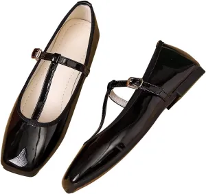 LUXINYU Leather Mary Jane Shoes for Women Dressy Square Toe Ankle Strap Ballet Shoes Comfortable Flats