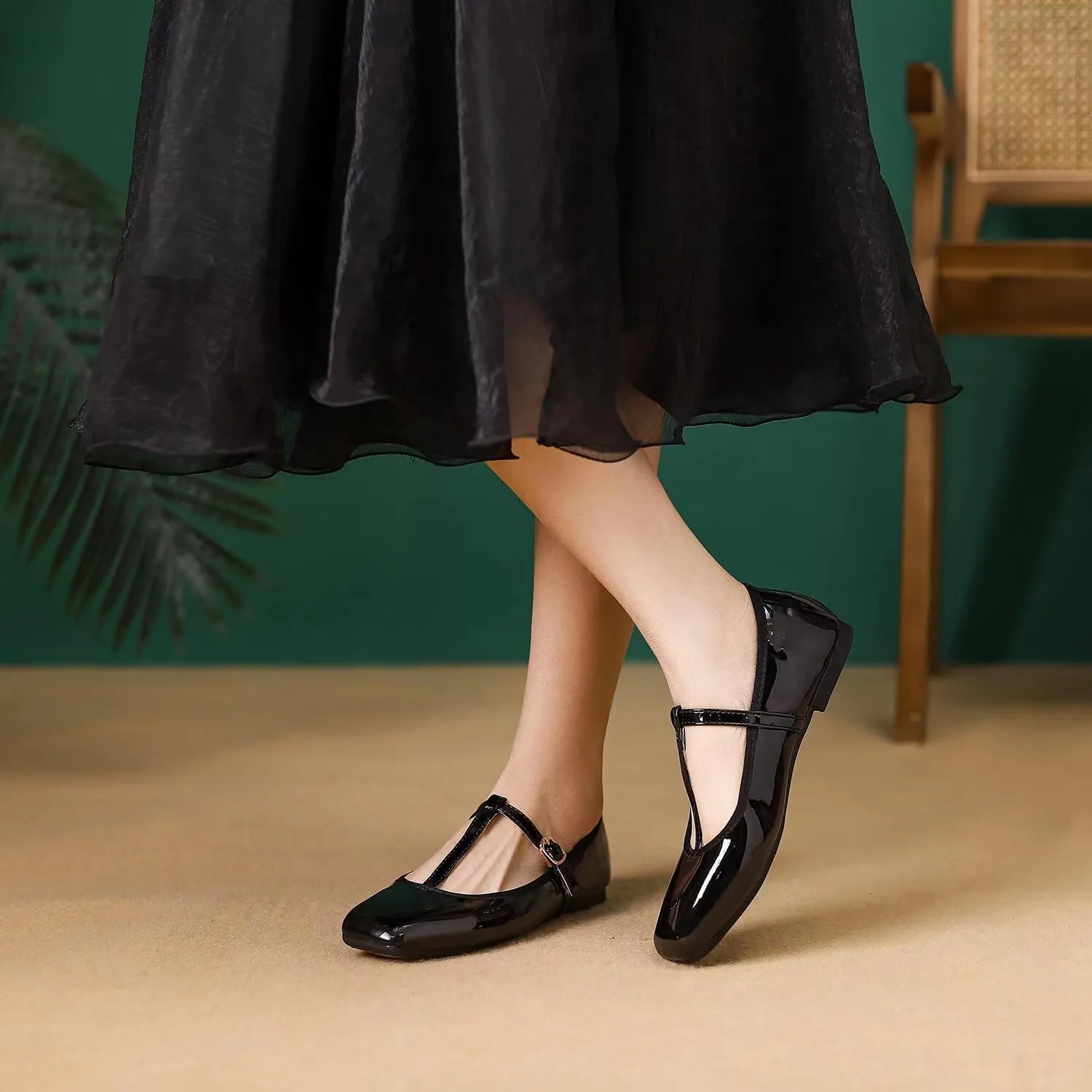 LUXINYU Leather Mary Jane Shoes for Women Dressy Square Toe Ankle Strap Ballet Shoes Comfortable Flats