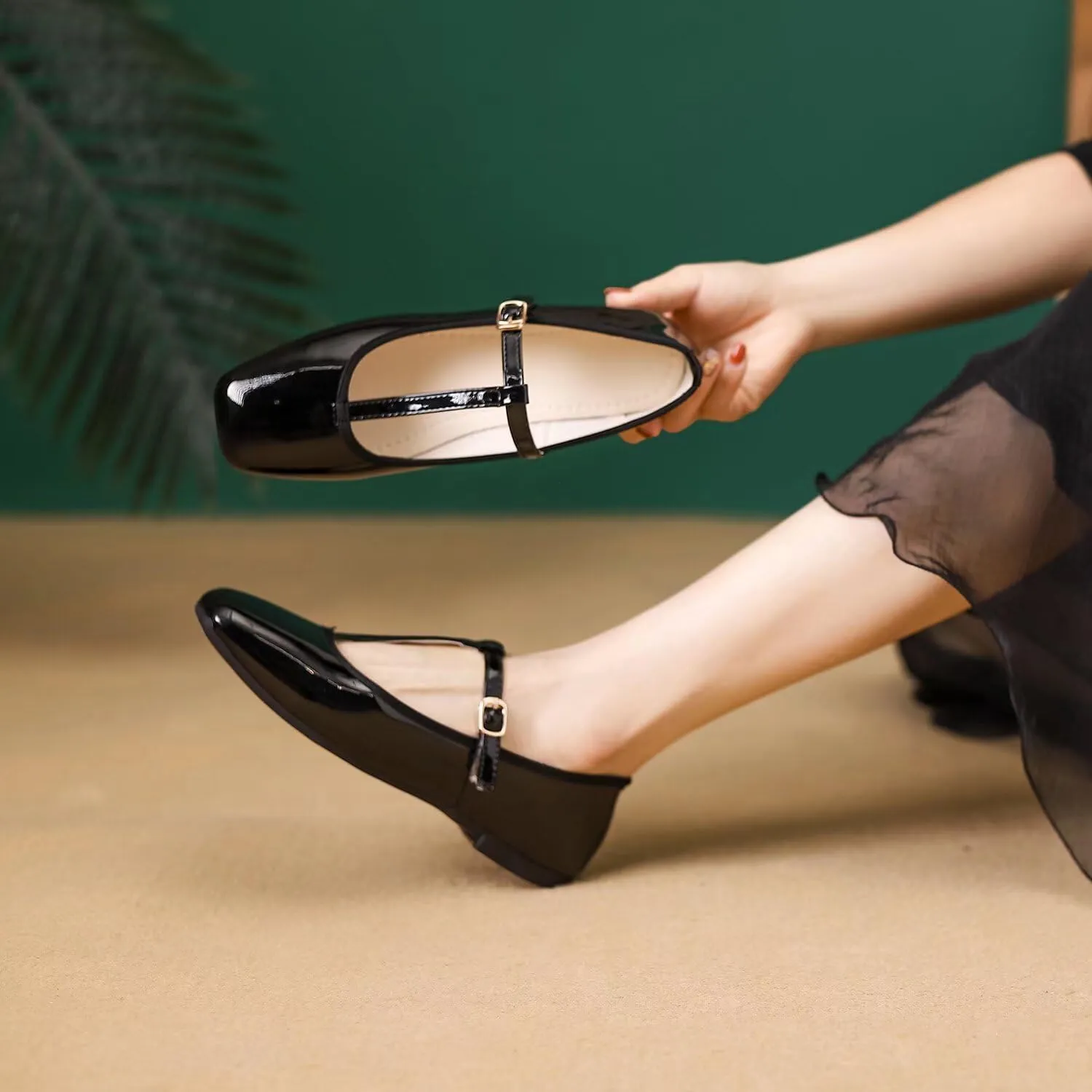 LUXINYU Leather Mary Jane Shoes for Women Dressy Square Toe Ankle Strap Ballet Shoes Comfortable Flats