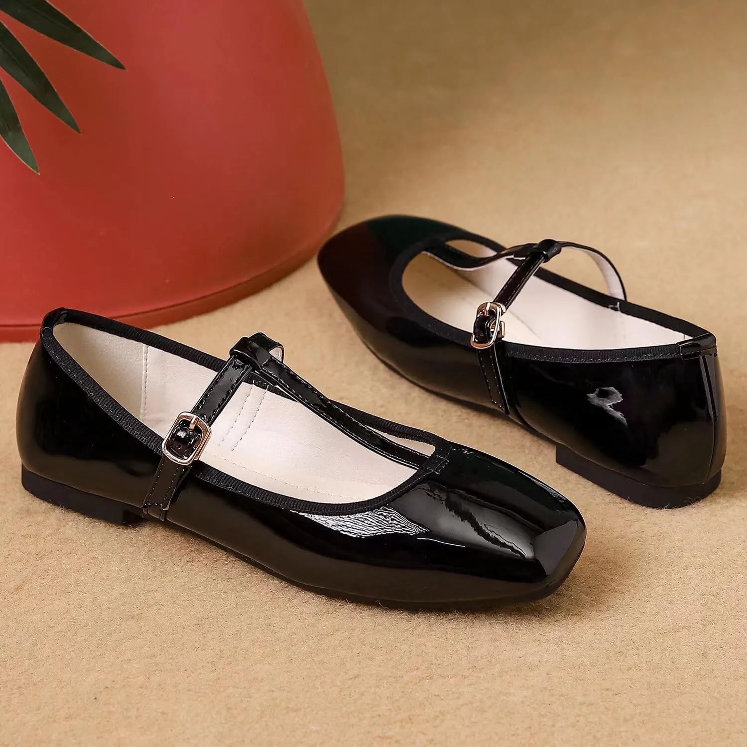 LUXINYU Leather Mary Jane Shoes for Women Dressy Square Toe Ankle Strap Ballet Shoes Comfortable Flats