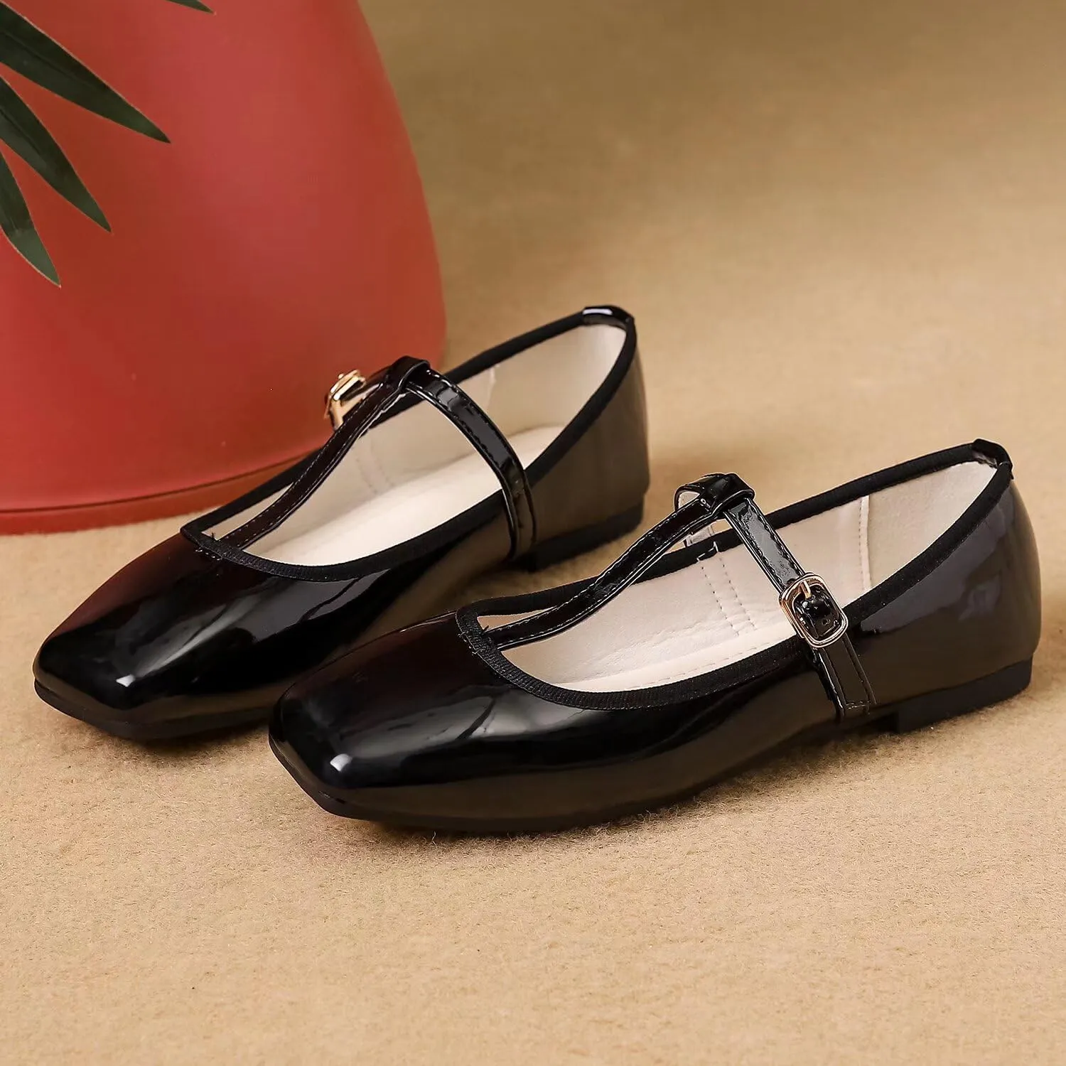 LUXINYU Leather Mary Jane Shoes for Women Dressy Square Toe Ankle Strap Ballet Shoes Comfortable Flats