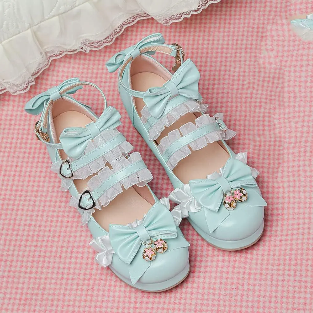 Meefit Women Cute Mary Janes Lolita Shoes Bow Chunky Heel Platform Strappy Pumps