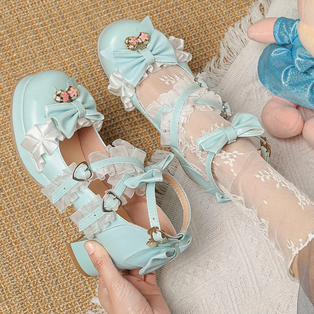 Meefit Women Cute Mary Janes Lolita Shoes Bow Chunky Heel Platform Strappy Pumps