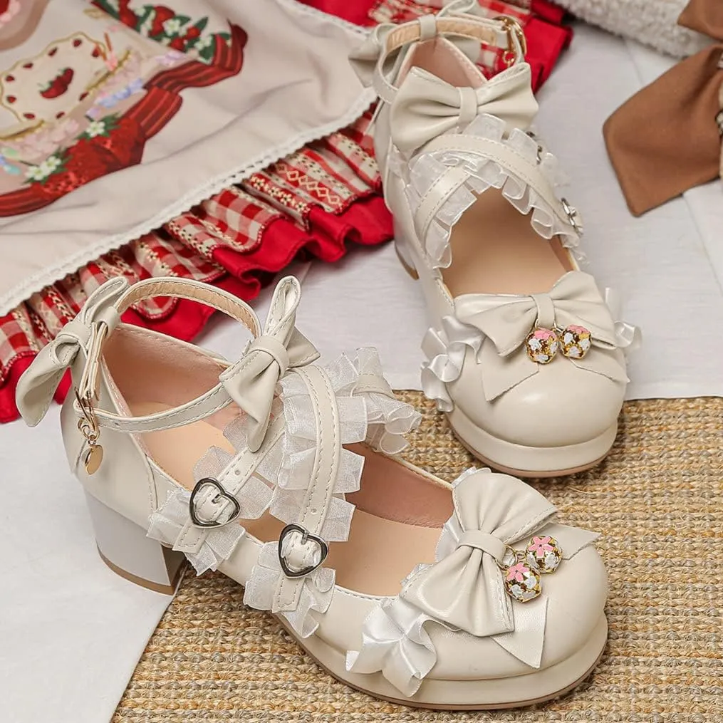 Meefit Women Cute Mary Janes Lolita Shoes Bow Chunky Heel Platform Strappy Pumps