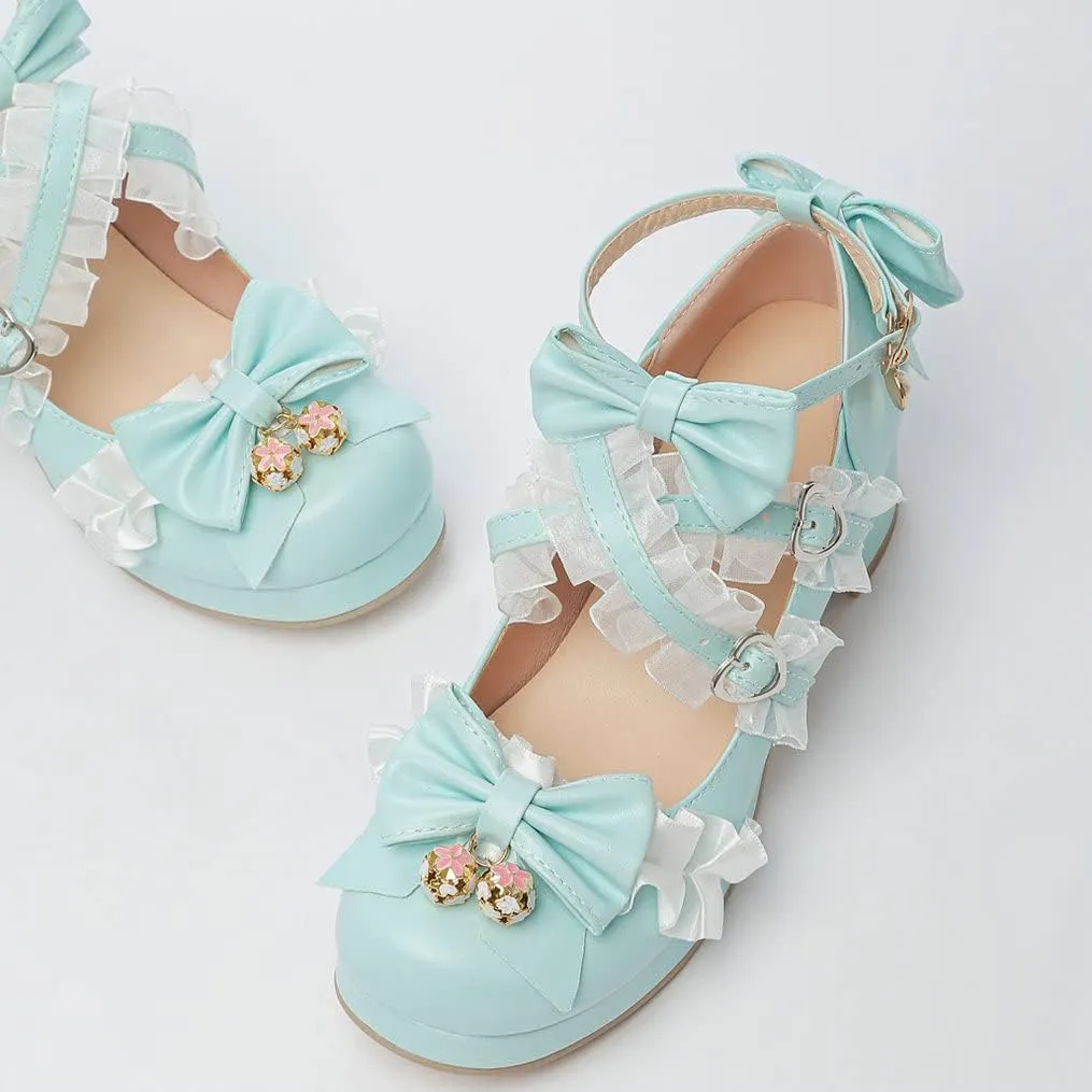 Meefit Women Cute Mary Janes Lolita Shoes Bow Chunky Heel Platform Strappy Pumps