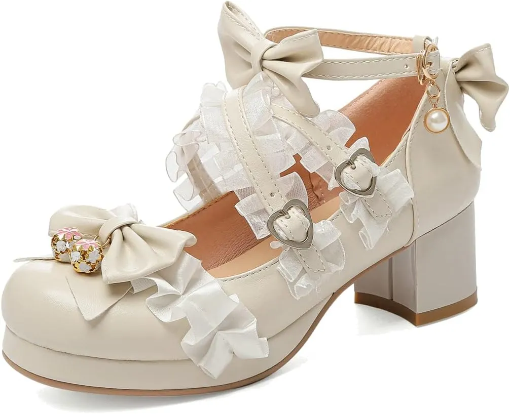 Meefit Women Cute Mary Janes Lolita Shoes Bow Chunky Heel Platform Strappy Pumps