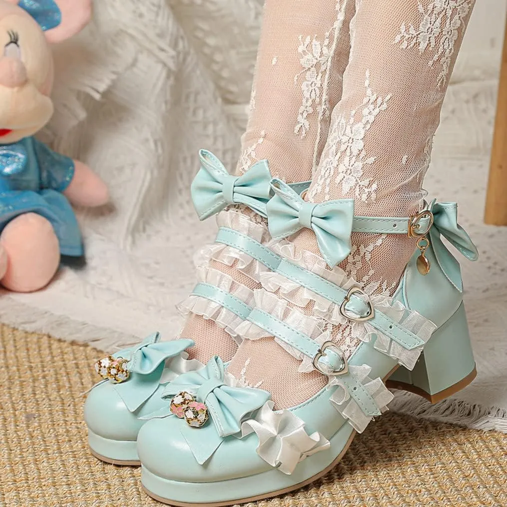 Meefit Women Cute Mary Janes Lolita Shoes Bow Chunky Heel Platform Strappy Pumps
