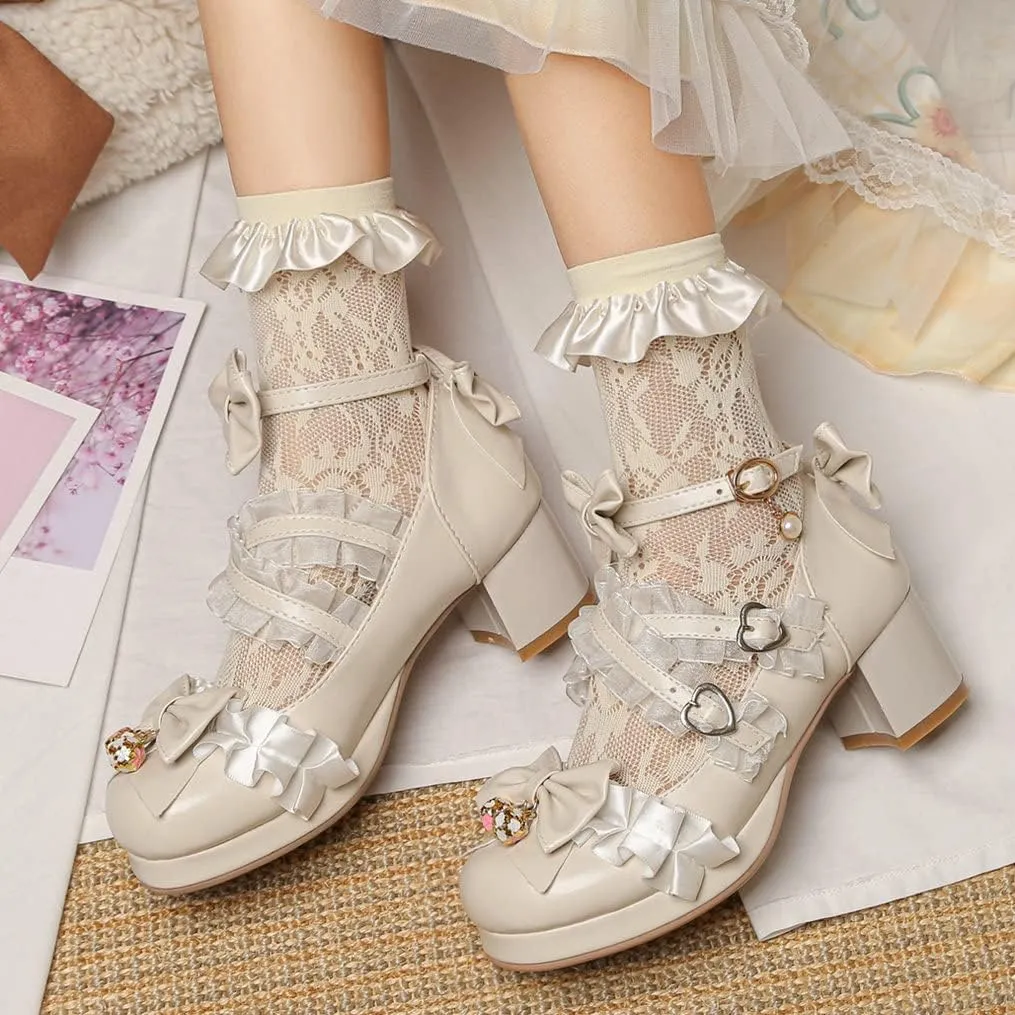 Meefit Women Cute Mary Janes Lolita Shoes Bow Chunky Heel Platform Strappy Pumps