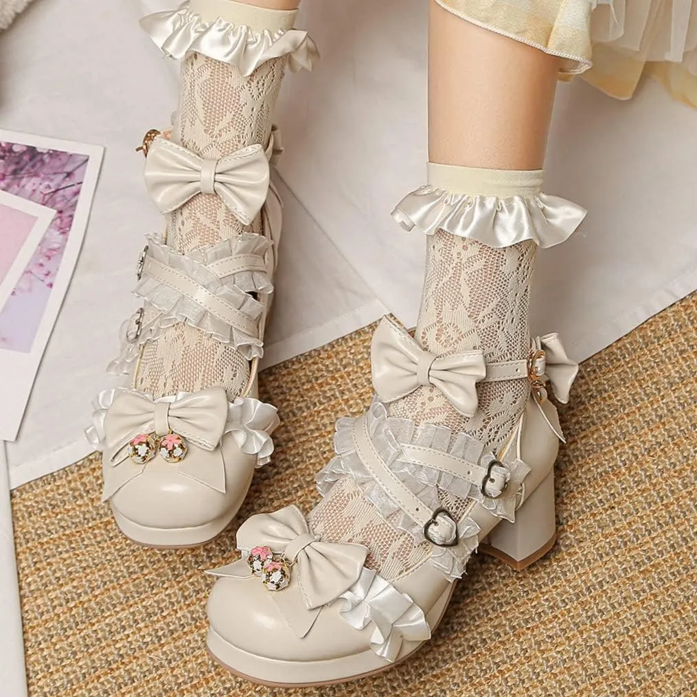 Meefit Women Cute Mary Janes Lolita Shoes Bow Chunky Heel Platform Strappy Pumps