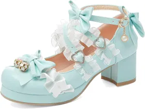 Meefit Women Cute Mary Janes Lolita Shoes Bow Chunky Heel Platform Strappy Pumps
