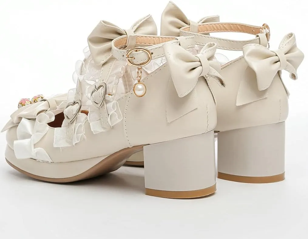 Meefit Women Cute Mary Janes Lolita Shoes Bow Chunky Heel Platform Strappy Pumps