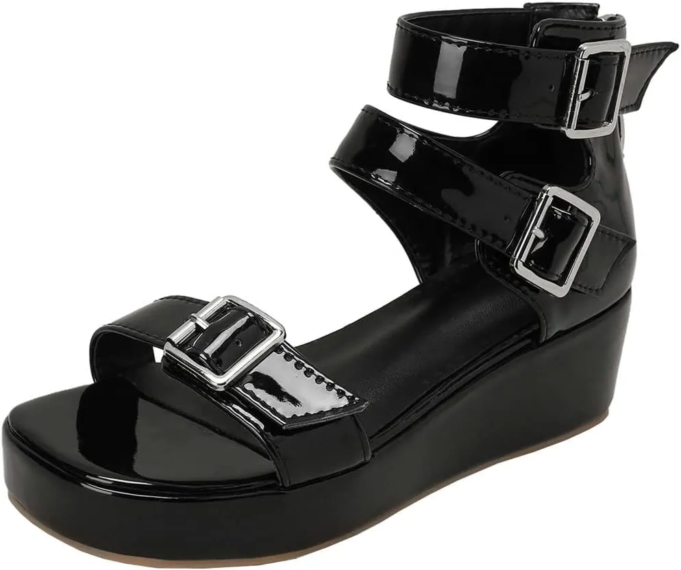 Meefit Women Patent Platform Wedge Sandals Open Toe Ankle Strap High Heel Sandals