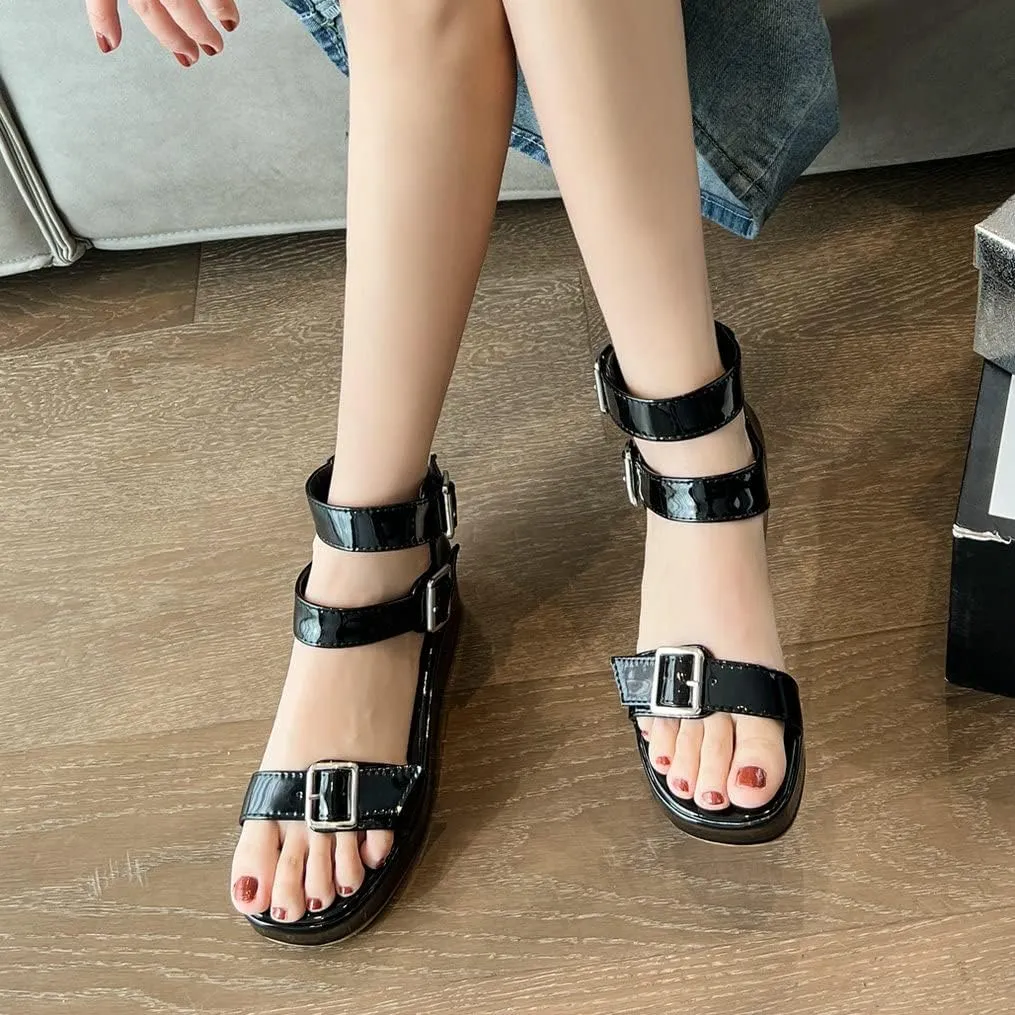 Meefit Women Patent Platform Wedge Sandals Open Toe Ankle Strap High Heel Sandals
