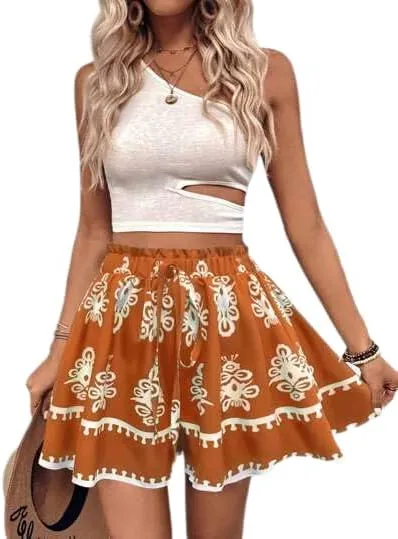 Melliflo Women's Boho Shorts Retro Print Casual Wide Leg Shorts Summer 2025