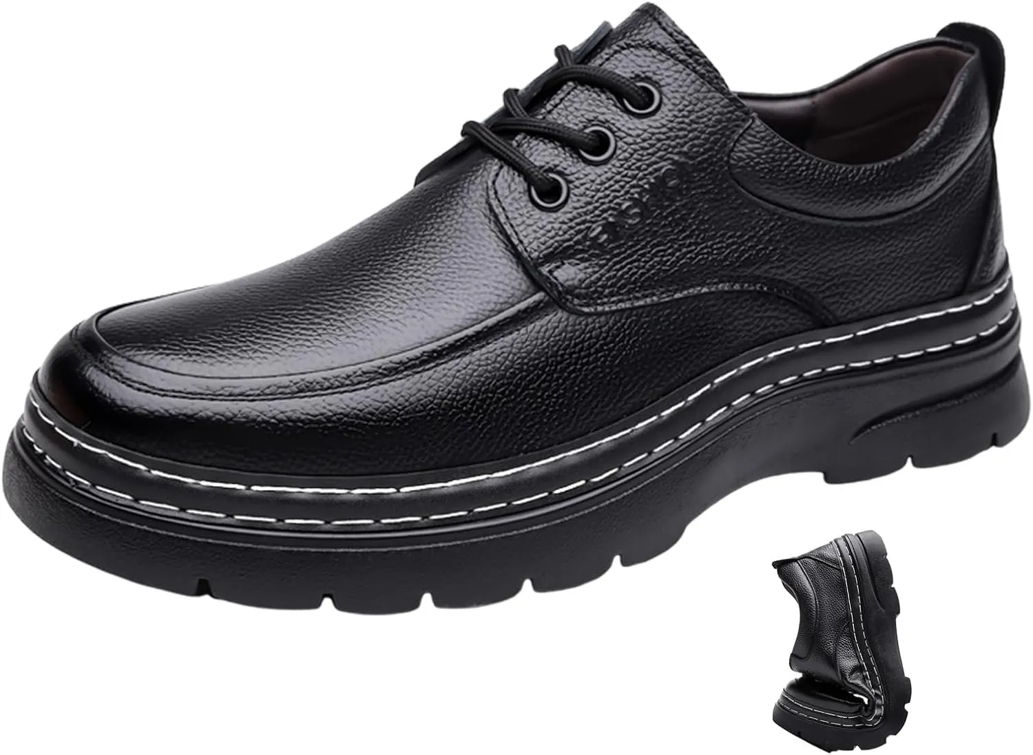 Men's Genuine Leather Platform Chunky Heel Oxfords Comfort Round Toe Lace Up Anti-Slip Lug Sole Business Formal Dress Shoes Classic Handmade Fur Lining Office Work Shoes