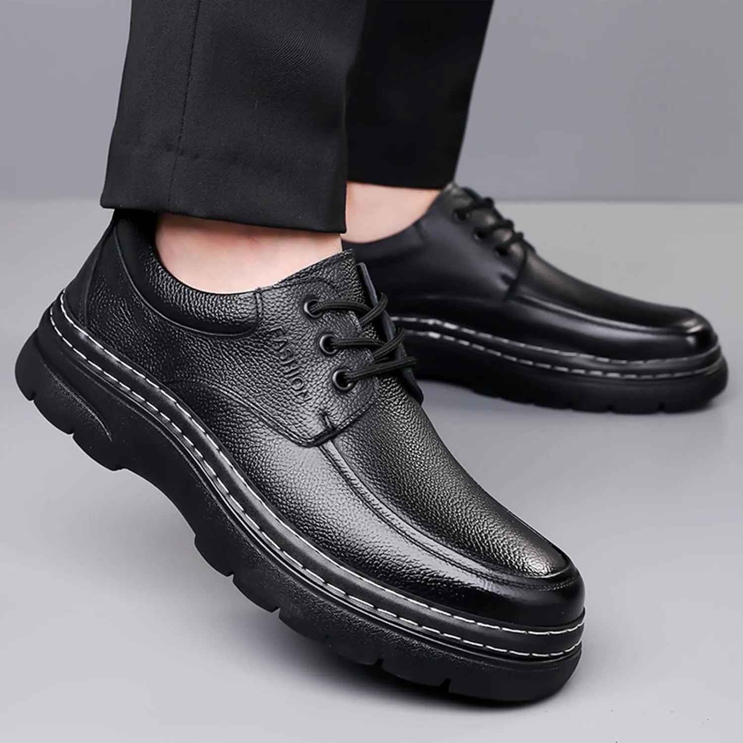 Men's Genuine Leather Platform Chunky Heel Oxfords Comfort Round Toe Lace Up Anti-Slip Lug Sole Business Formal Dress Shoes Classic Handmade Fur Lining Office Work Shoes