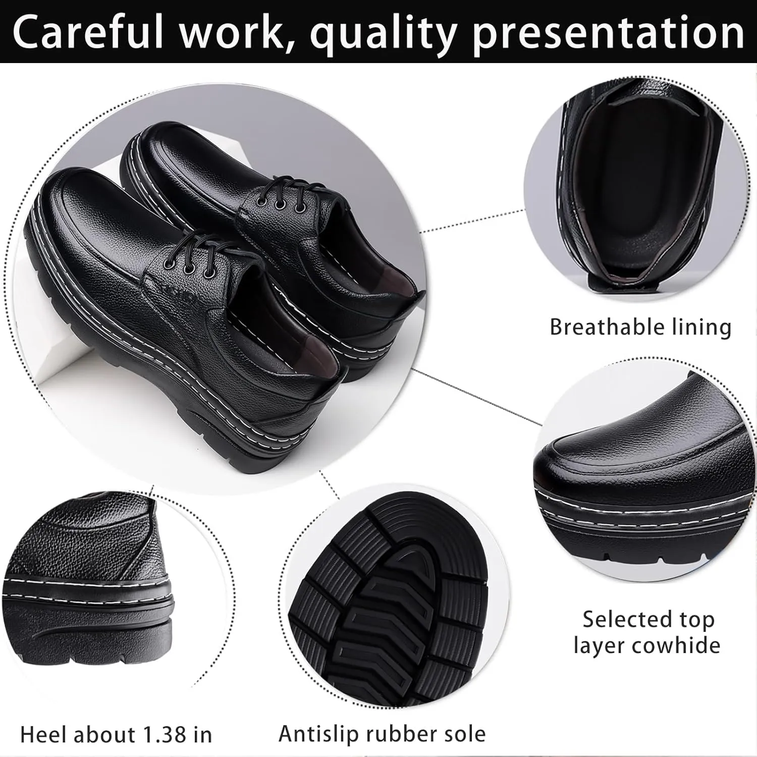 Men's Genuine Leather Platform Chunky Heel Oxfords Comfort Round Toe Lace Up Anti-Slip Lug Sole Business Formal Dress Shoes Classic Handmade Fur Lining Office Work Shoes