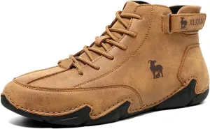 Men‘s Handmade High Top Leather Ankle Chukka Boots with Adjustable Strap Casual Non Slip Round Toe Slip On Boat Walking Driving Shoes