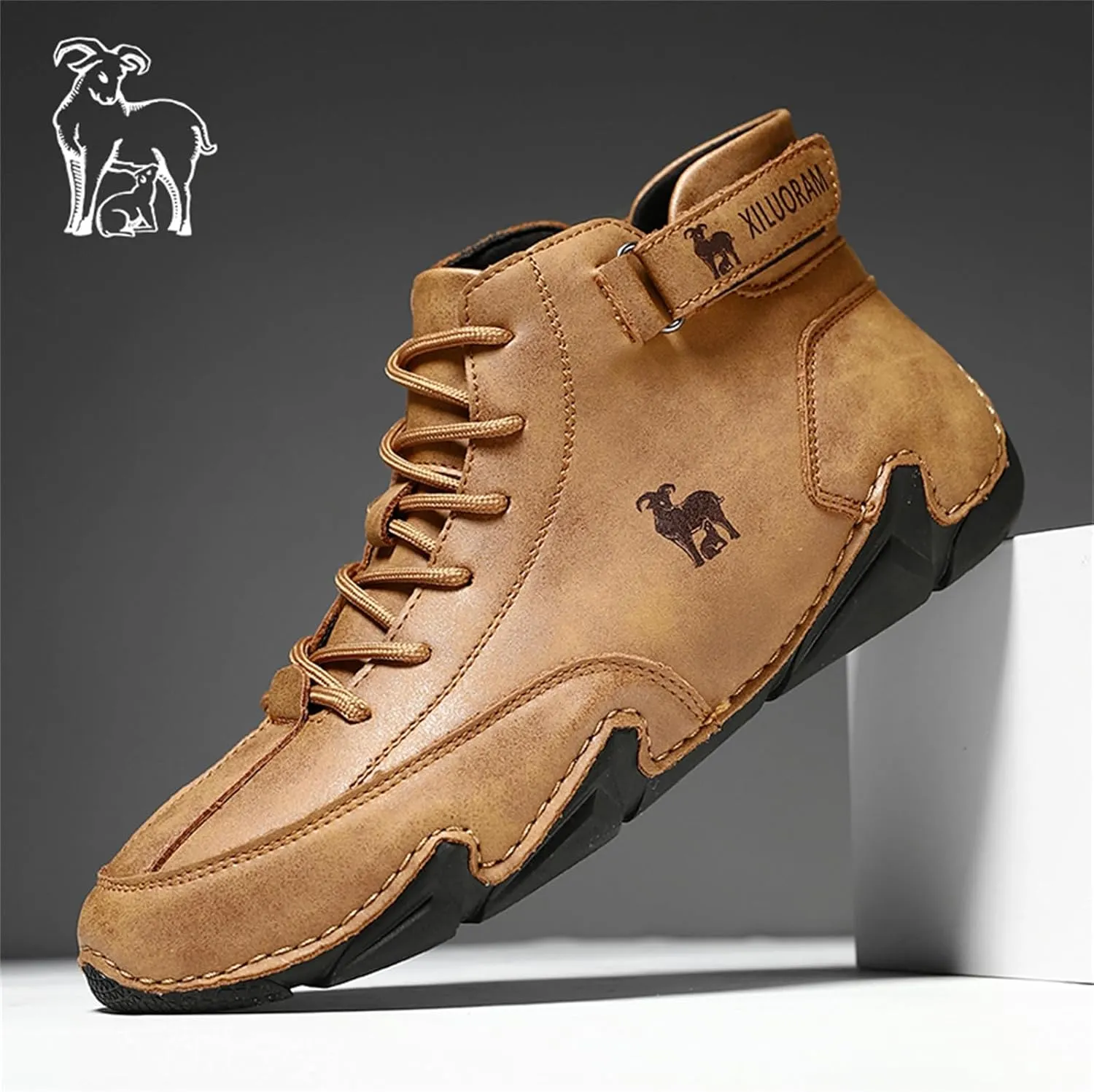 Men‘s Handmade High Top Leather Ankle Chukka Boots with Adjustable Strap Casual Non Slip Round Toe Slip On Boat Walking Driving Shoes