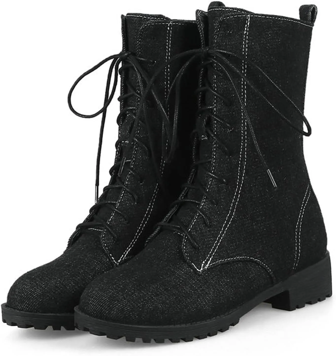 Optigard Women's Lace-up Denim Ankle Boots,Plush Round Toe Causal Non-slip Low Heel Mid-Calf Dress Boots