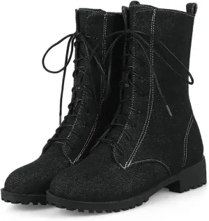 Optigard Women's Lace-up Denim Ankle Boots,Plush Round Toe Causal Non-slip Low Heel Mid-Calf Dress Boots