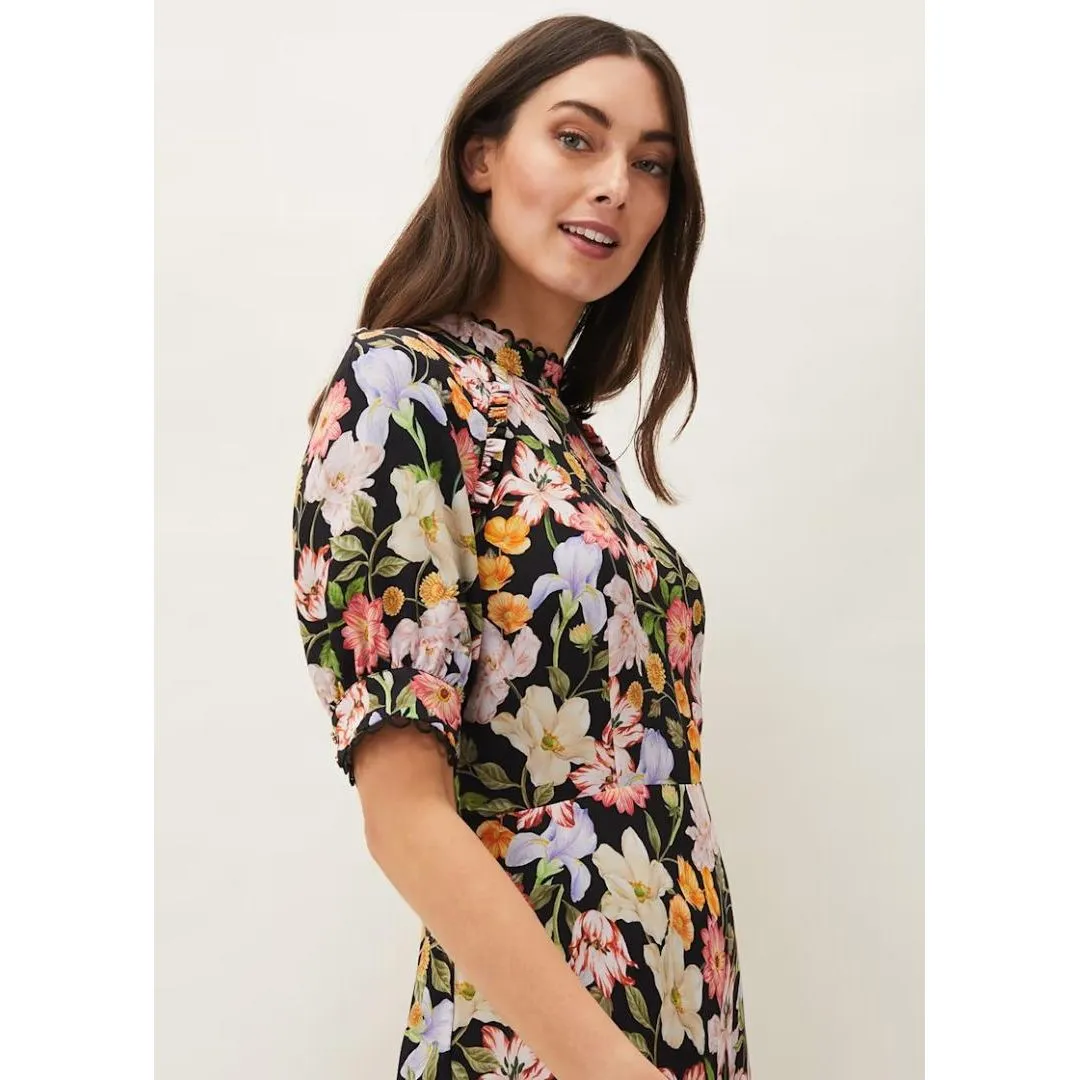 Phase Eight Penelope Floral Puff Sleeve Midi Dress - Black/Multi