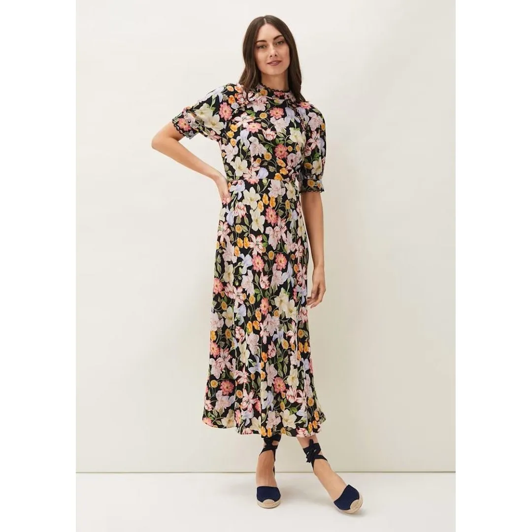 Phase Eight Penelope Floral Puff Sleeve Midi Dress - Black/Multi