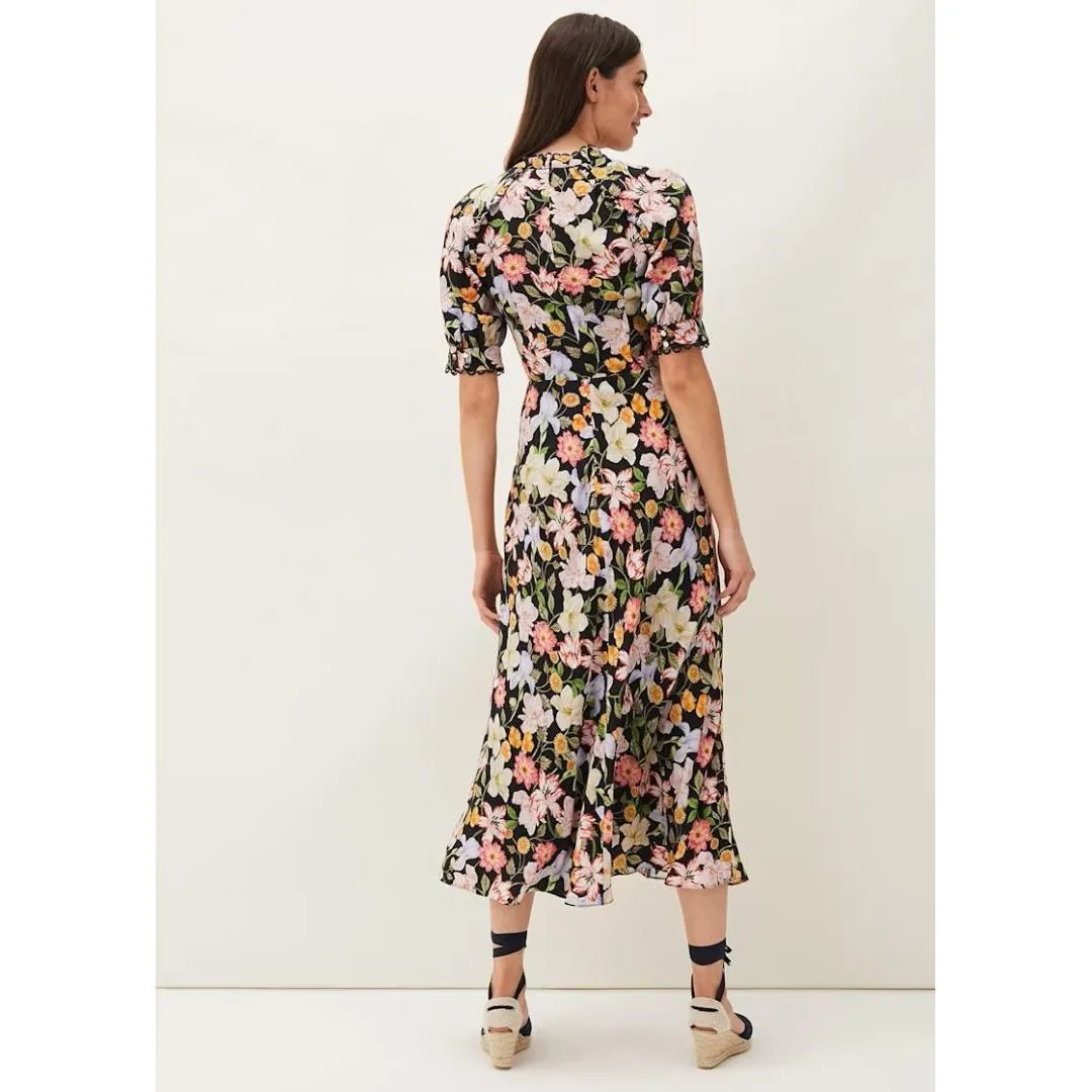 Phase Eight Penelope Floral Puff Sleeve Midi Dress - Black/Multi