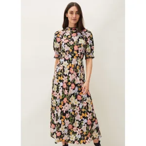 Phase Eight Penelope Floral Puff Sleeve Midi Dress - Black/Multi