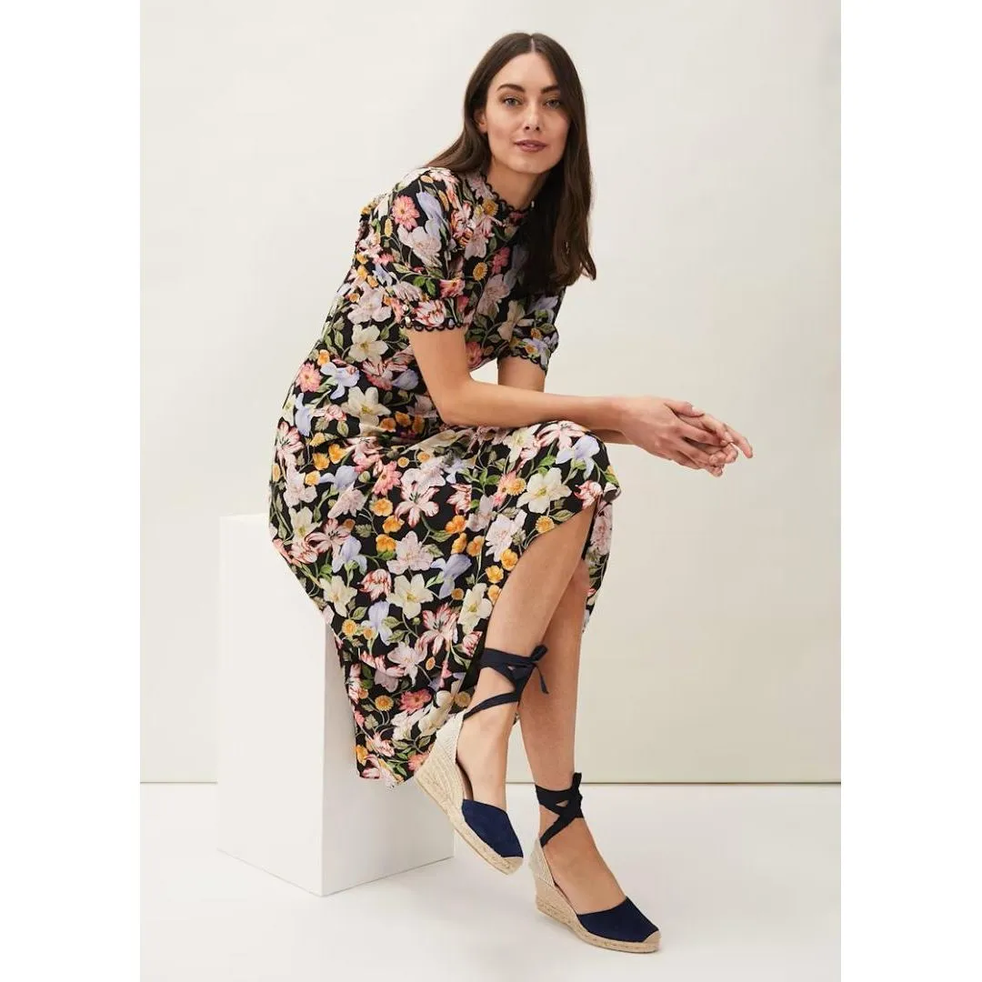 Phase Eight Penelope Floral Puff Sleeve Midi Dress - Black/Multi