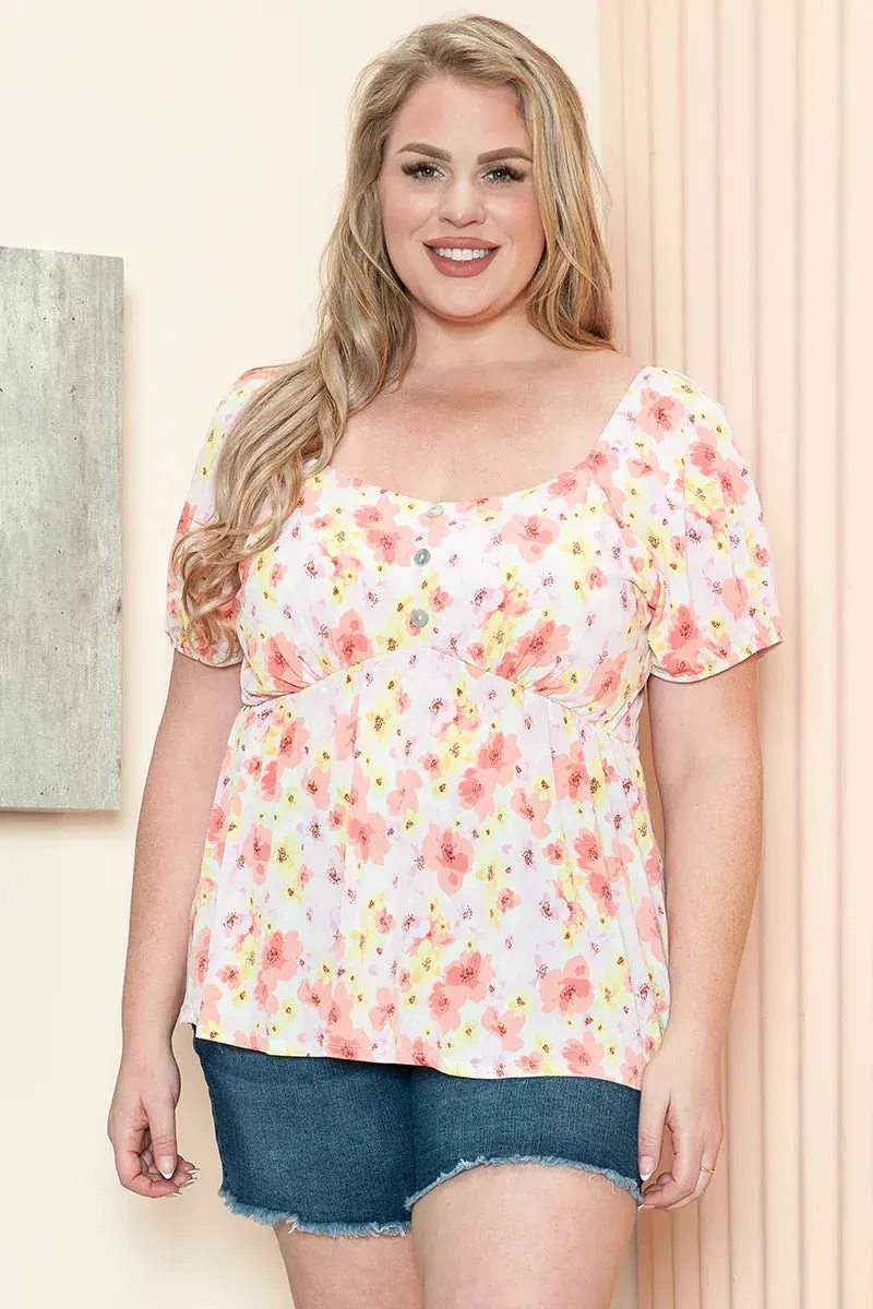 Plus Size Floral Print Puff Sleeve Strapless Sweetheart Neck Top