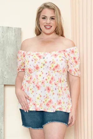 Plus Size Floral Print Puff Sleeve Strapless Sweetheart Neck Top