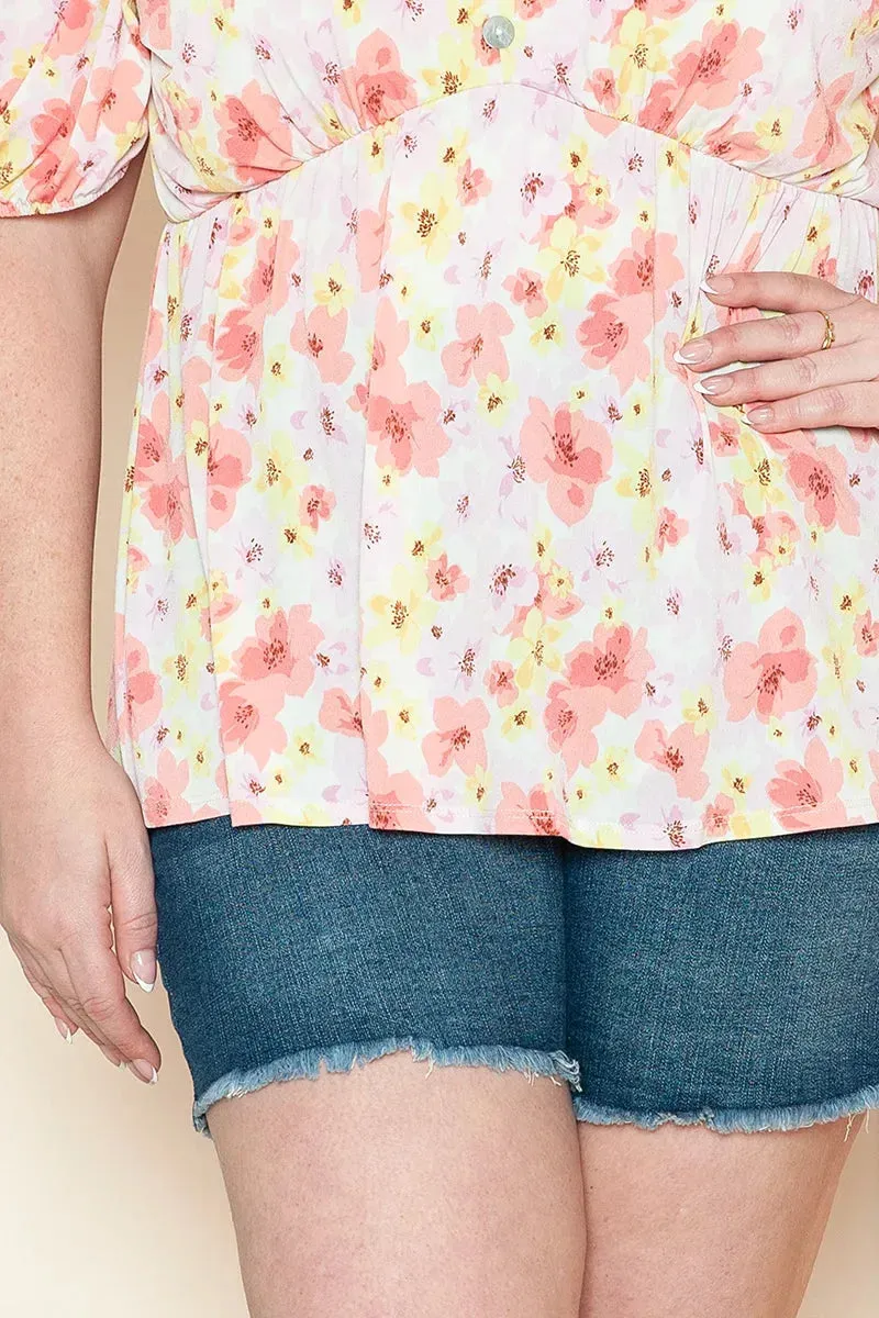 Plus Size Floral Print Puff Sleeve Strapless Sweetheart Neck Top
