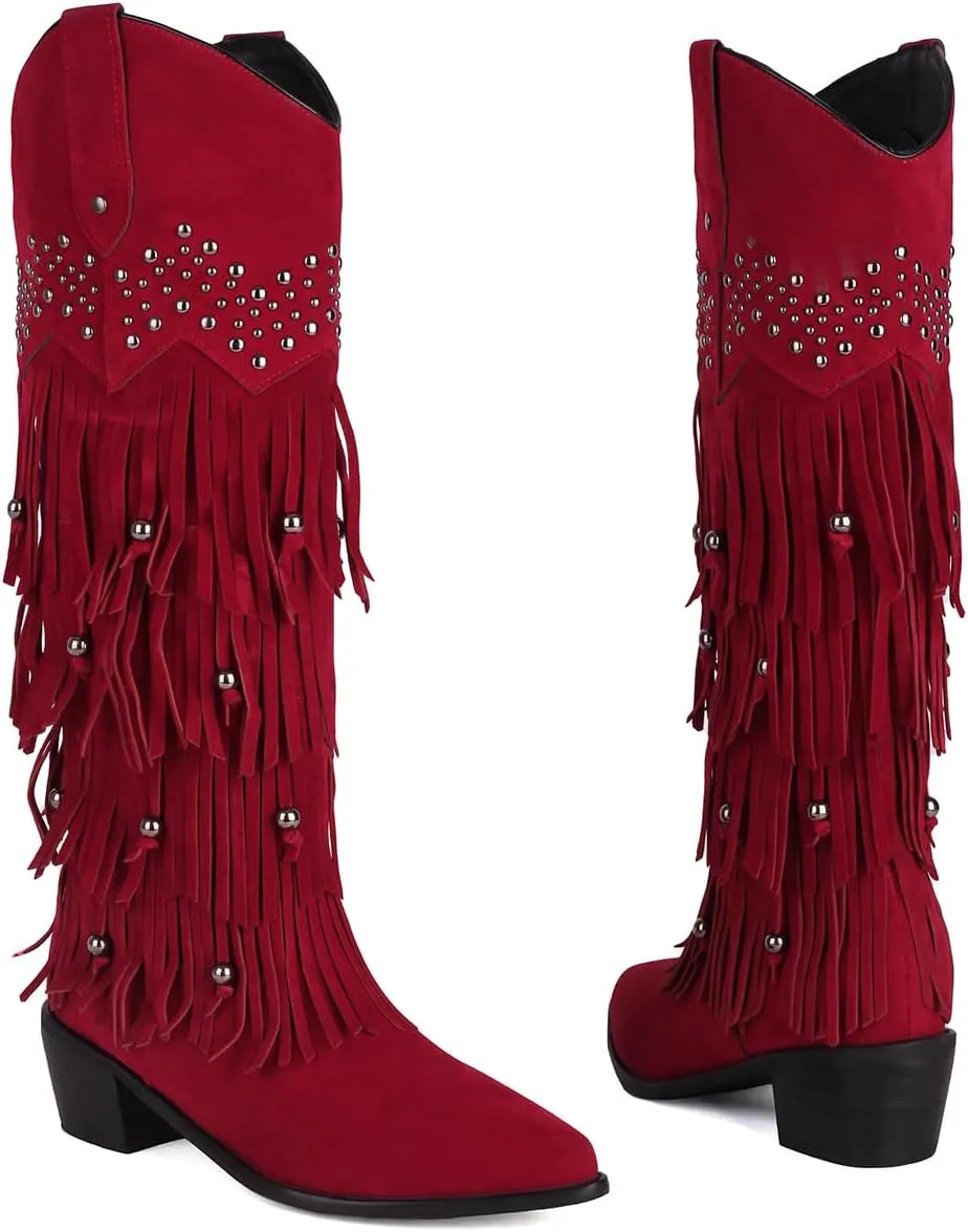 Roimaash Retro Fringe Cowboy Mid Calf Boots For Women Block Heels
