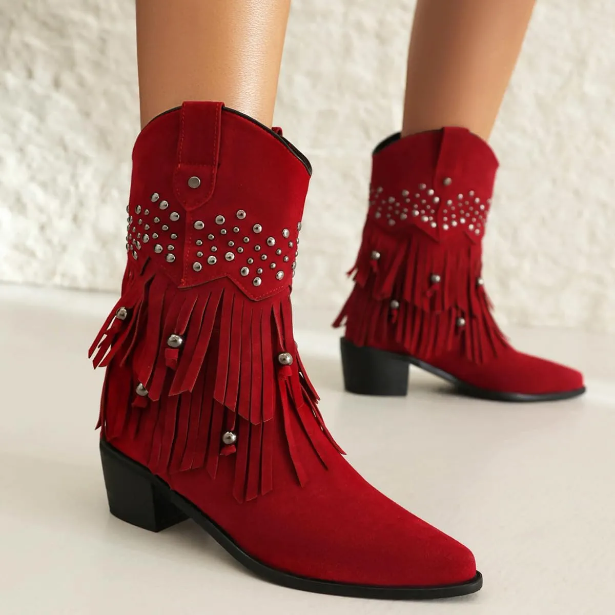 Roimaash Retro Fringe Cowboy Mid Calf Boots For Women Block Heels