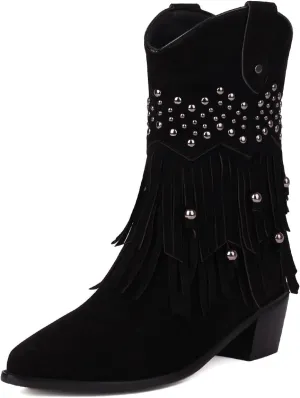 Roimaash Retro Fringe Cowboy Mid Calf Boots For Women Block Heels