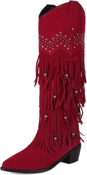 Roimaash Retro Fringe Cowboy Mid Calf Boots For Women Block Heels
