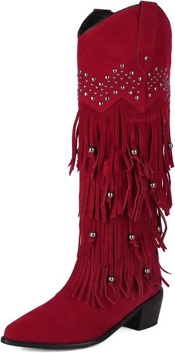 Roimaash Retro Fringe Cowboy Mid Calf Boots For Women Block Heels
