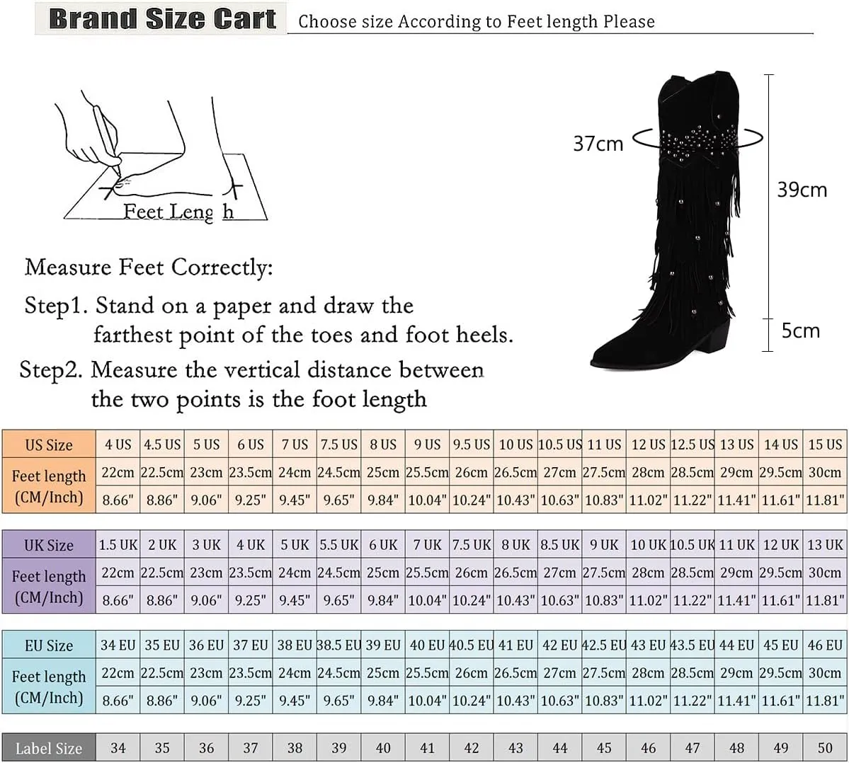 Roimaash Retro Fringe Cowboy Mid Calf Boots For Women Block Heels