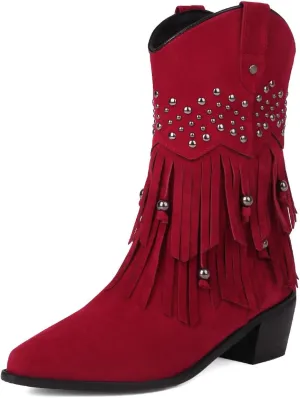 Roimaash Retro Fringe Cowboy Mid Calf Boots For Women Block Heels