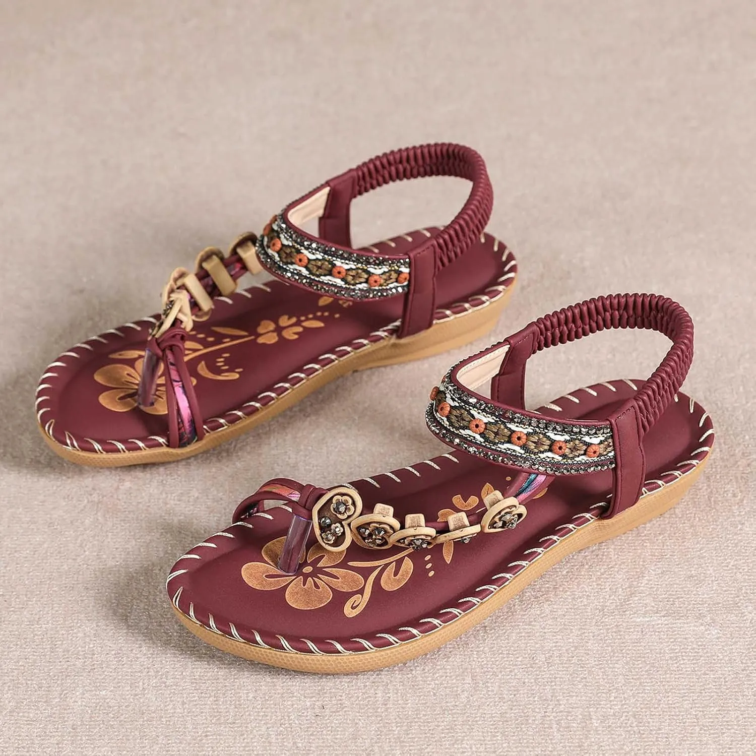 Sandals For Women 2025 Bohemian Flat Sandals with Ankle Elastic Strap Beach Flat Beaded Diamond Clip-On Women's Sandal for Vacation Dress